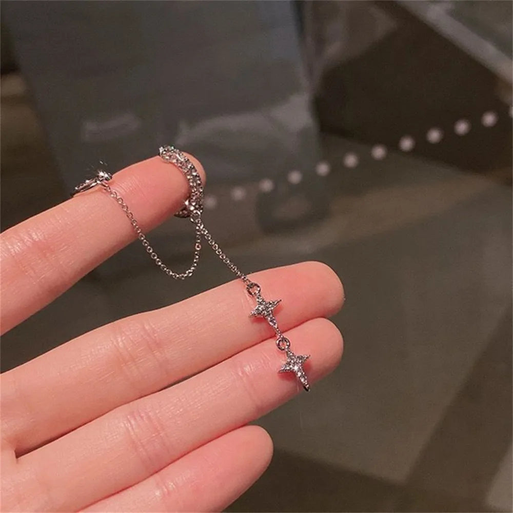 Shiny Silver Color Crystal Tassel Non-Piercing Cuff Ear Clip Earring For Women Rhinestone Star Fake Cartilage Piercing Jewelry