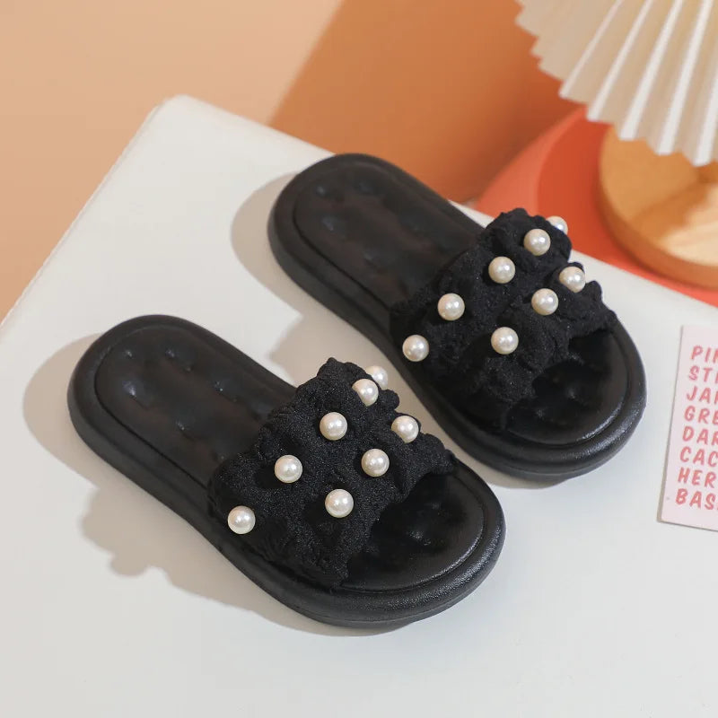 Slippers Princess Wind Pearl Puffs Girls Little Girl Slippers Soft Bottom Outside Penetrating Air Sandals