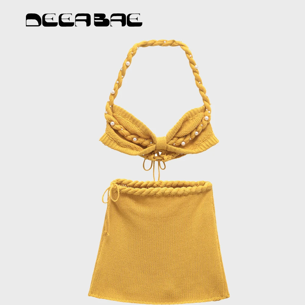 DEEABAE 2025 Spring New Women's Wear Artificial Jewelry Inlay Handmade Weaving Neck Hanging Tank Top Mini Skirt Set