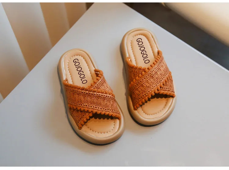 Girls Summer Slippers Princess Sweet Kids Slides Beach Shoes Bohemia Woven Children's Outdoor Slippers Anti-slippery 23-37 Soft
