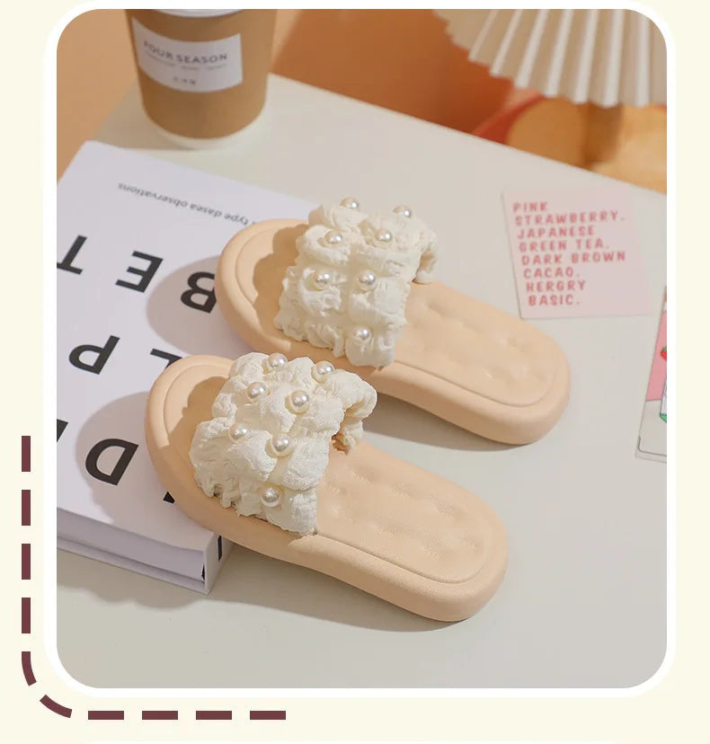 Slippers Princess Wind Pearl Puffs Girls Little Girl Slippers Soft Bottom Outside Penetrating Air Sandals
