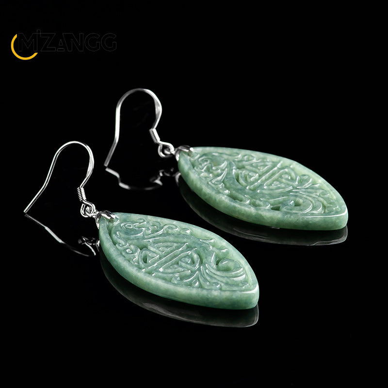 Natural Jadeite Imitation Antique Hollowed Phoenix Earrings S925 Silver Inlaid Jade Earrings Retro Fashion Women's Jewelry