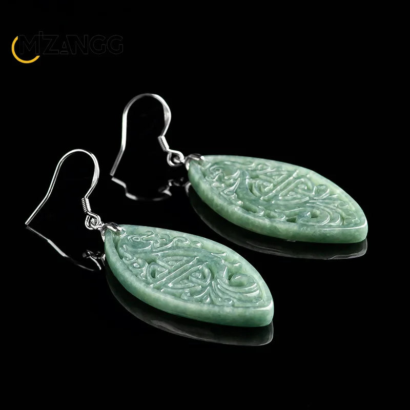 Natural Jadeite Imitation Antique Hollowed Phoenix Earrings S925 Silver Inlaid Jade Earrings Retro Fashion Women's Jewelry