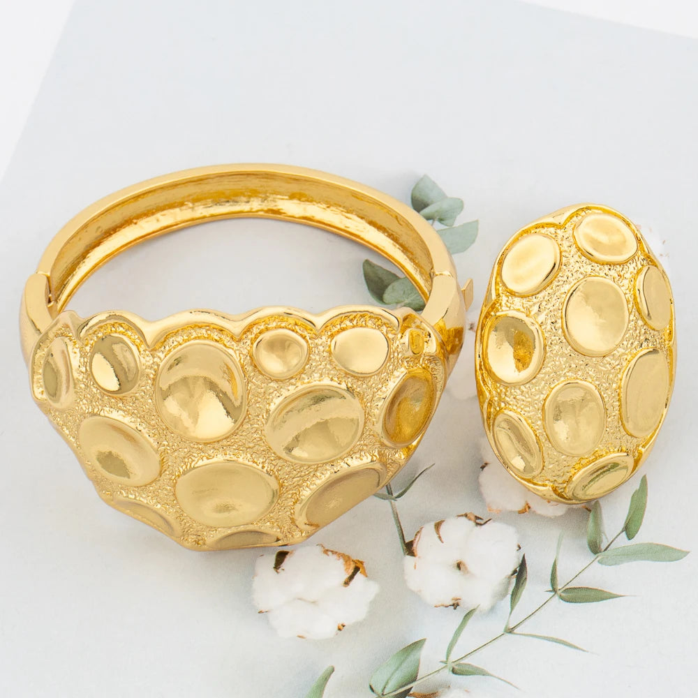 Large Hoop Bangle for Women Flower Italian Dubai Gold Color Bracelet Ring Jewelry Set Luxury Copper Fashion Birthday Party Gift