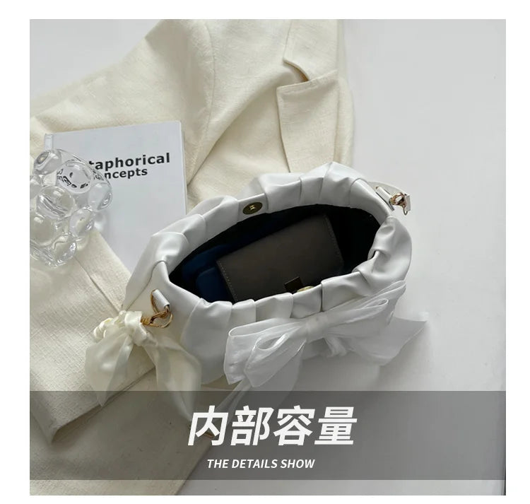 Lovely Bow Handbags for Girls Ladies Fashion Pleated Shoulder Bags for Women Simple Design Female Underarm Bag Casual Tote Purse