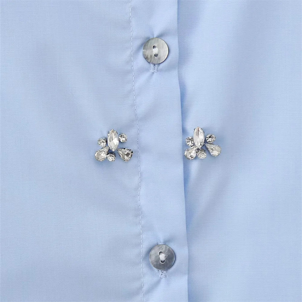 2024ZAR * New Spring/Summer Women's Wear European and American Style Fashion Artificial Jewelry Decoration Poplin Shirt
