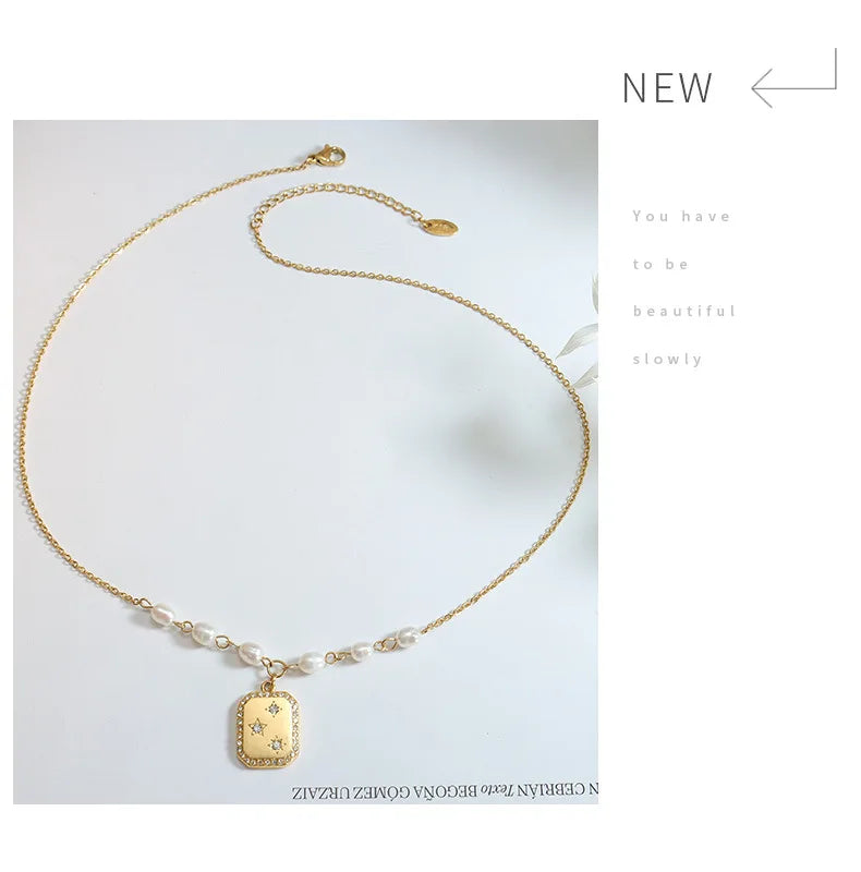 Fashion Trendy Square Zircon Inlaid Pendant Artificial Pearl Necklace European and American Style Female Temperament Jewelry