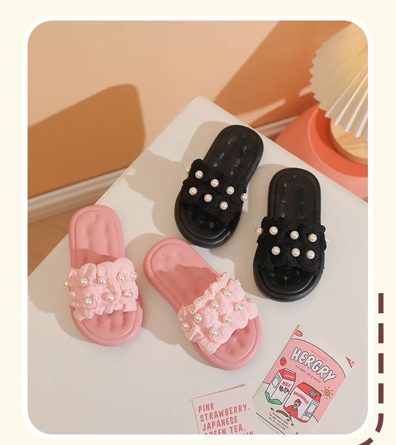 Slippers Princess Wind Pearl Puffs Girls Little Girl Slippers Soft Bottom Outside Penetrating Air Sandals