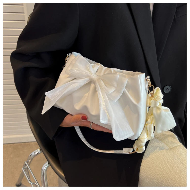 Lovely Bow Handbags for Girls Ladies Fashion Pleated Shoulder Bags for Women Simple Design Female Underarm Bag Casual Tote Purse