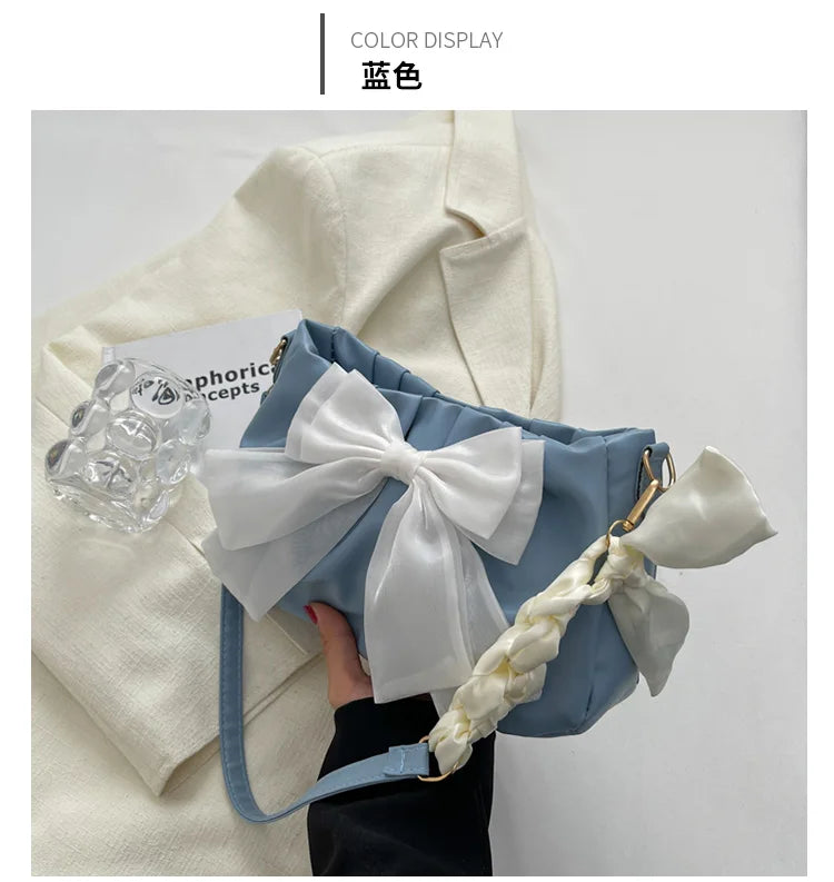 Lovely Bow Handbags for Girls Ladies Fashion Pleated Shoulder Bags for Women Simple Design Female Underarm Bag Casual Tote Purse