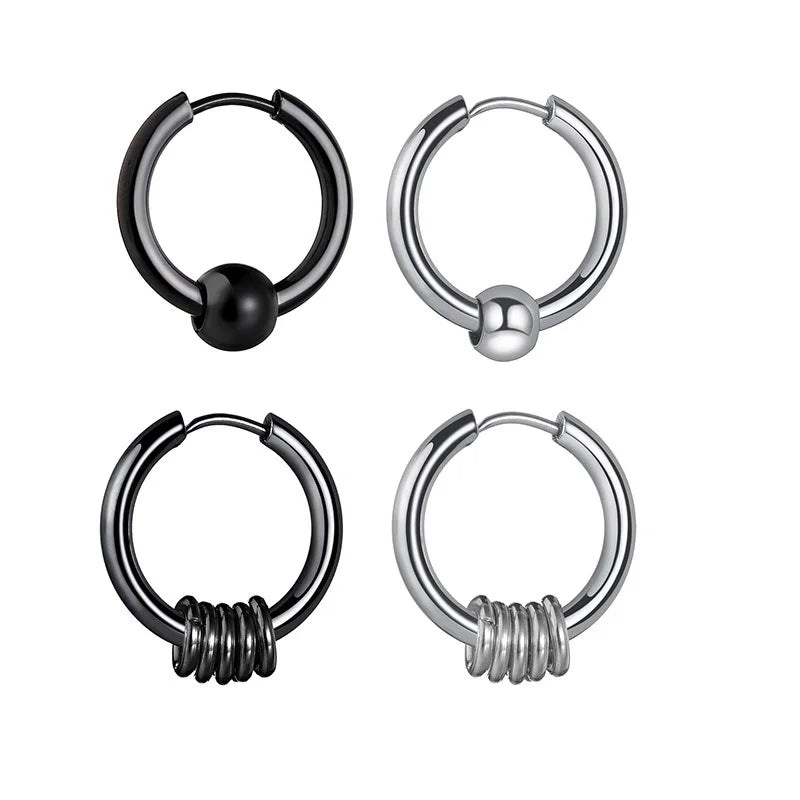 2pcs Stainless Steel Hoop Earrings For Men Small Circle Metal Ball Anti-allergic Ear Buckle Rock Hip Hop Artificial Jewelry
