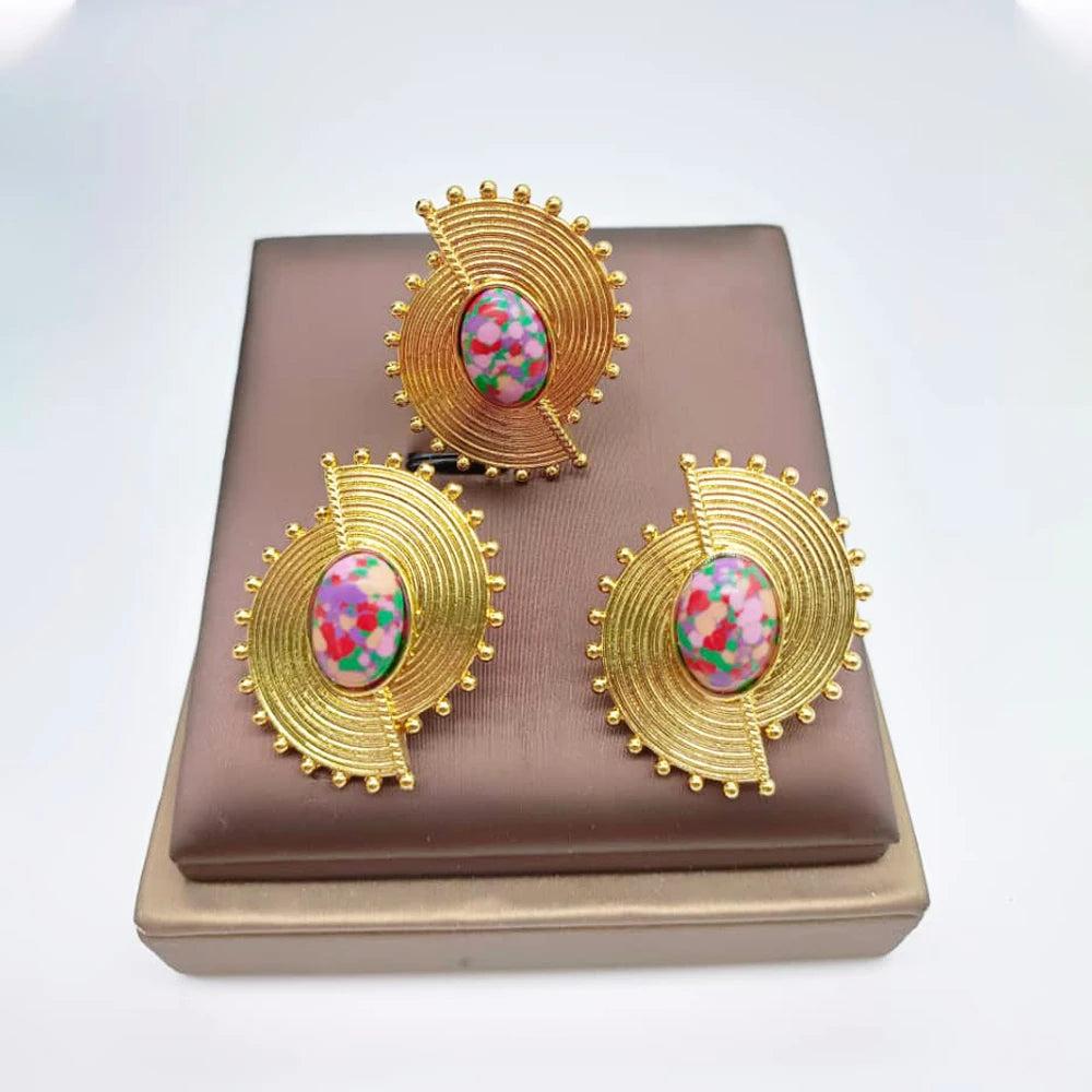 African Jewelry Set for Women Spiral Shape New Fashion Purpuse Stone Earrings Finger Ring Dubai Indian Luxury Gold Color Jewelry