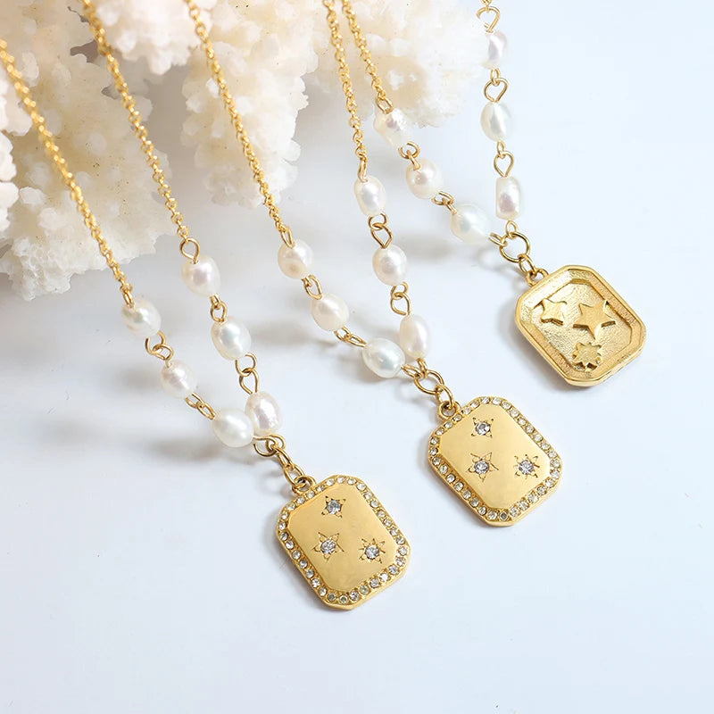 Fashion Trendy Square Zircon Inlaid Pendant Artificial Pearl Necklace European and American Style Female Temperament Jewelry