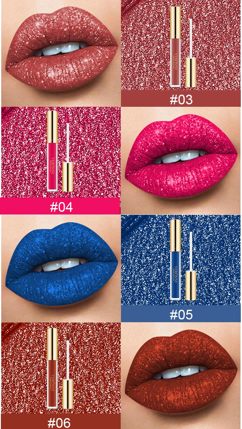 15 Color Glitter Liquid Lipsticks Shimmer Shiny Lipgloss Pearlescent Lip Tint Waterproof Long Lasting Matte Diamond Lips Glaze