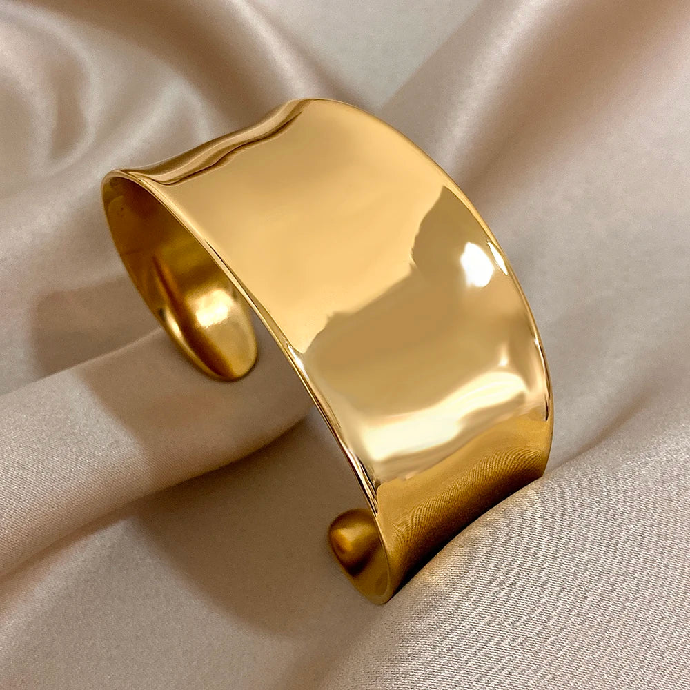 Gold Plated Tarnish Free Smooth Wide Cuff Bangles Bracelets for Woman Men Simple Irregular Minimalist Open Bangles Wrist Bangles