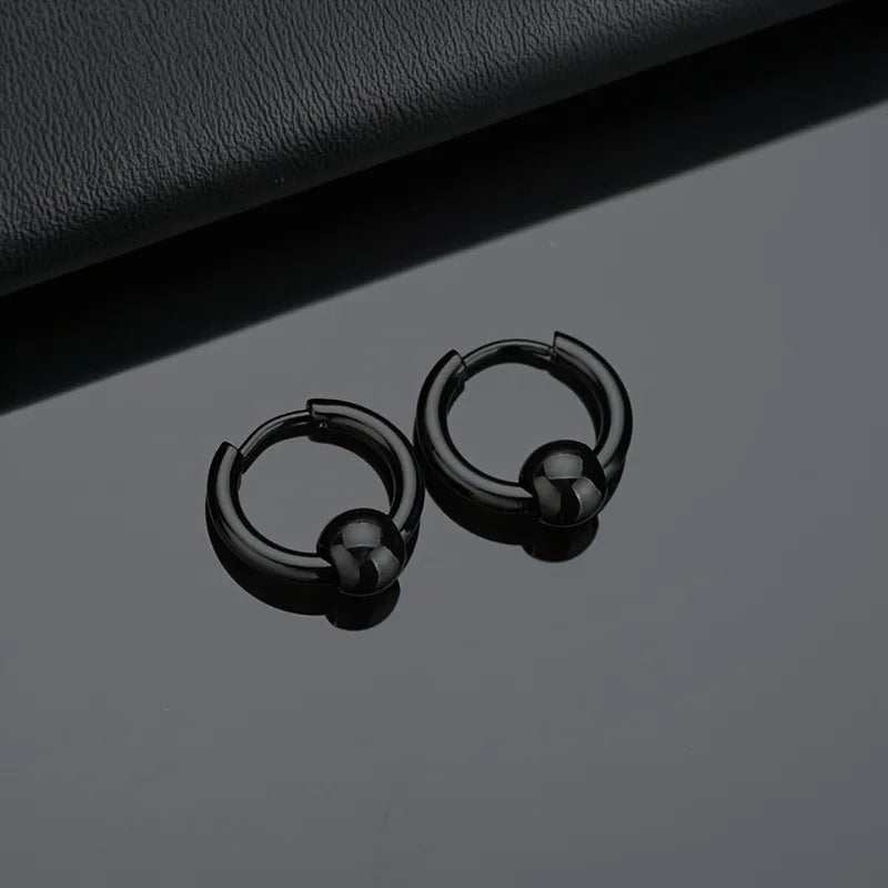 2pcs Stainless Steel Hoop Earrings For Men Small Circle Metal Ball Anti-allergic Ear Buckle Rock Hip Hop Artificial Jewelry