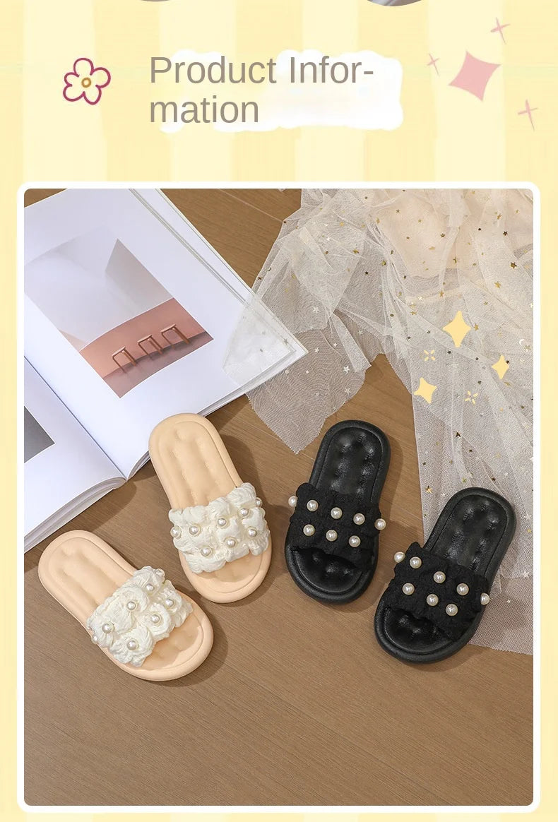 Slippers Princess Wind Pearl Puffs Girls Little Girl Slippers Soft Bottom Outside Penetrating Air Sandals