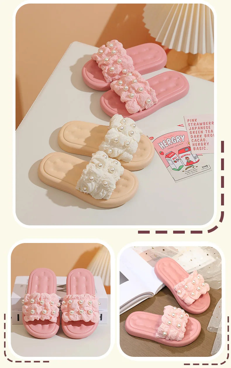 Slippers Princess Wind Pearl Puffs Girls Little Girl Slippers Soft Bottom Outside Penetrating Air Sandals