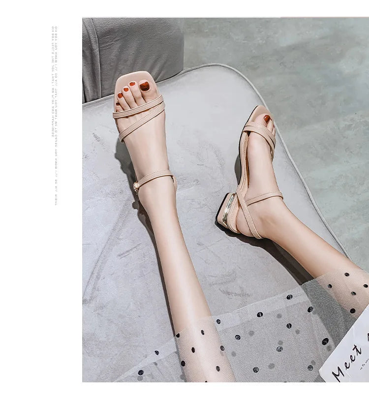 Sandals Ladies Square Heel Elegant Summer Slippers Gladiator Leather Ladies Slippers Fashion Ladies Sandals