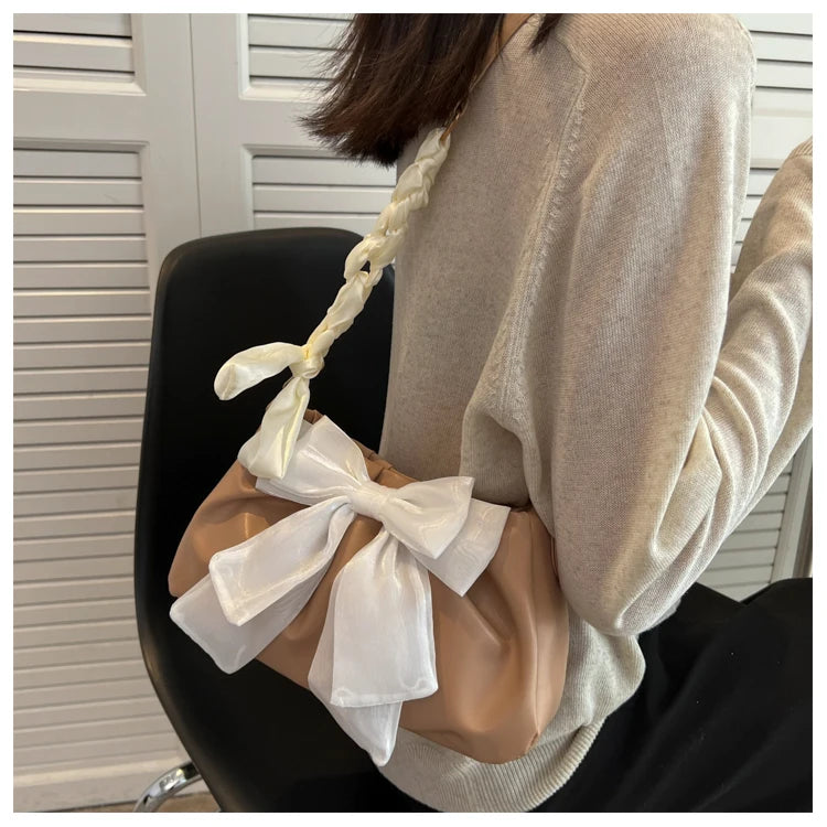 Lovely Bow Handbags for Girls Ladies Fashion Pleated Shoulder Bags for Women Simple Design Female Underarm Bag Casual Tote Purse