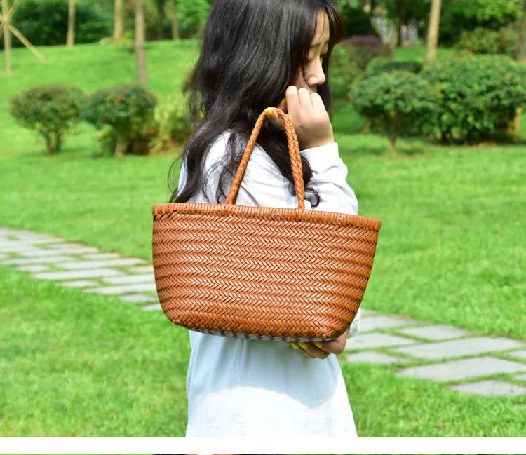 Handbags Women's Genuine Leather Shoulder Bag Weaving Casual Shopping Bag Vintage Big Tote Purse Cowhide Cross Hand Bags Lady