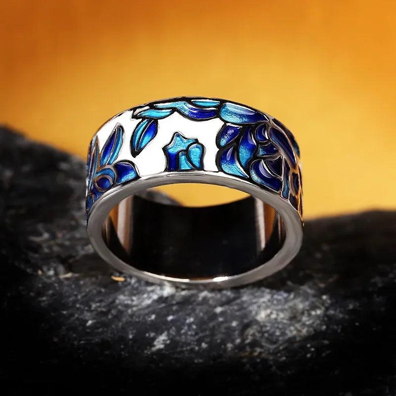 New Ladies Classic Epoxy Enamel Blue Flower Ladies Ring 925 Silver Ladies Jewelry Wedding Ring Bridal Jewelry Wide Silver Ring