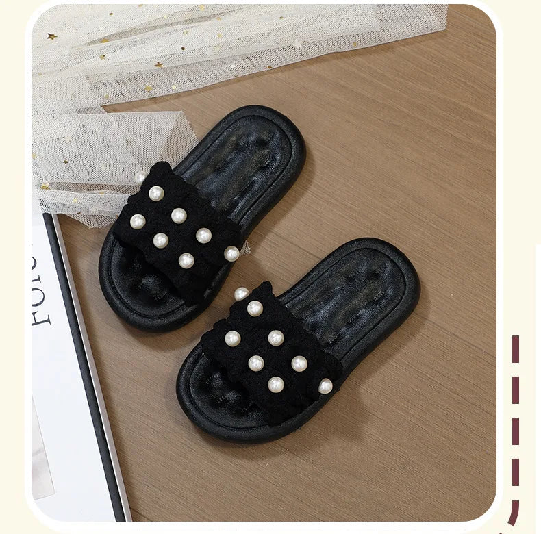 Slippers Princess Wind Pearl Puffs Girls Little Girl Slippers Soft Bottom Outside Penetrating Air Sandals