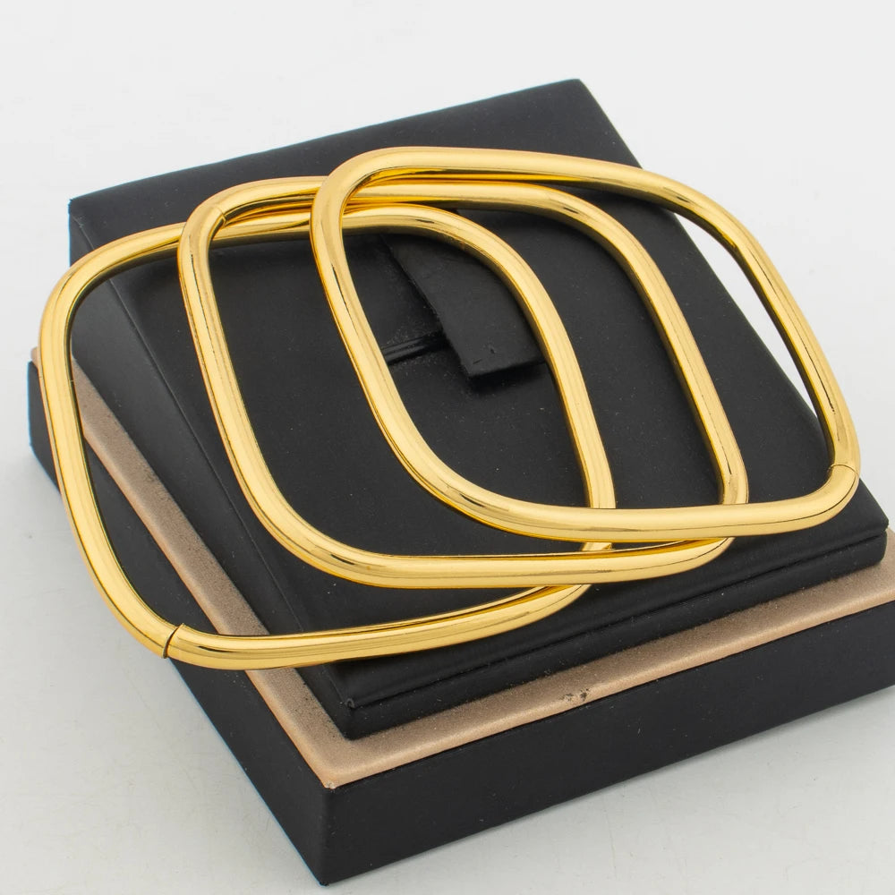 Trendy Round Square Bangles for Women Stainless Steel Dubai Gold Color Charm Bracelets Female Wedding Jewelry Accessories Gifts