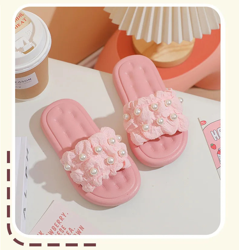 Slippers Princess Wind Pearl Puffs Girls Little Girl Slippers Soft Bottom Outside Penetrating Air Sandals