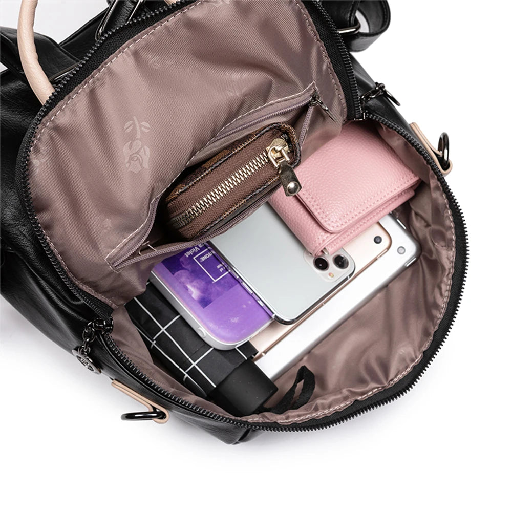 Panelled High Quality Leather Ladies Backpack Multifunctional Double Zipper Ladies Travel Backpack Fashion Ladies Shoulder Bag
