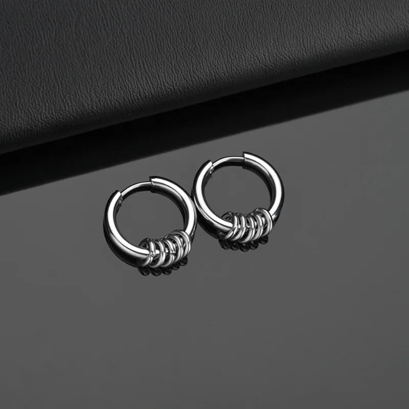 2pcs Stainless Steel Hoop Earrings For Men Small Circle Metal Ball Anti-allergic Ear Buckle Rock Hip Hop Artificial Jewelry