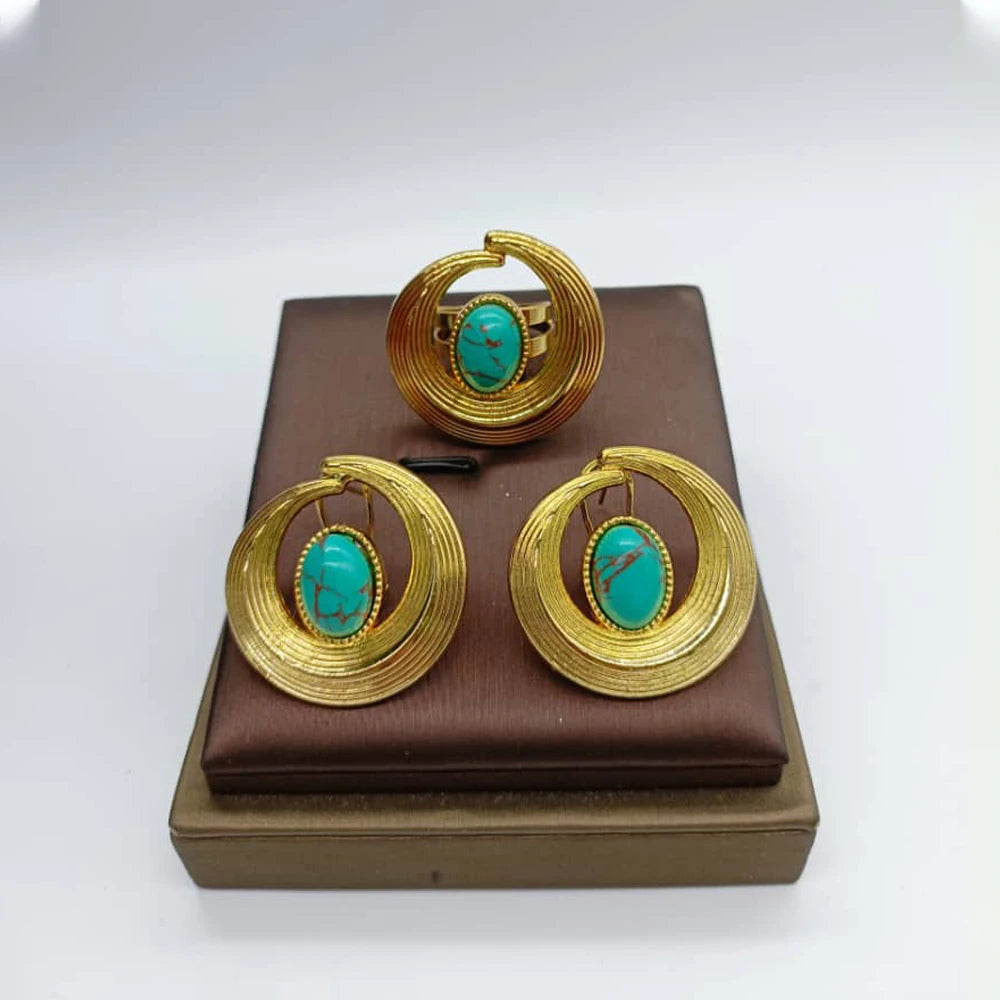 African Jewelry Set for Women Spiral Shape New Fashion Purpuse Stone Earrings Finger Ring Dubai Indian Luxury Gold Color Jewelry