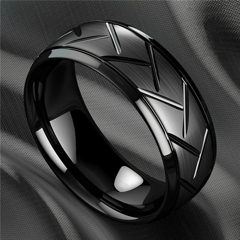 Fashion Stainless Steel Black Ring Stylish Simple Men's Black Wire Groove Tire Ring Artificial Jewelry Lover Gift