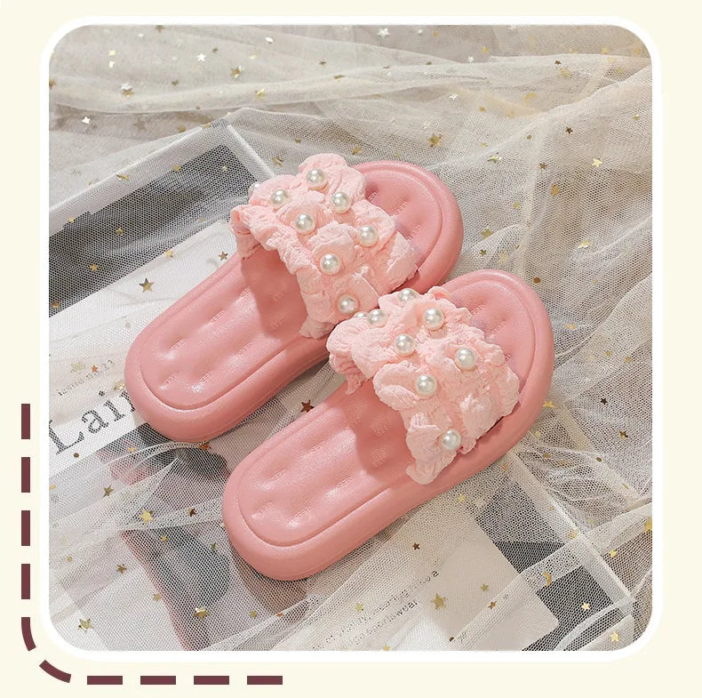Slippers Princess Wind Pearl Puffs Girls Little Girl Slippers Soft Bottom Outside Penetrating Air Sandals