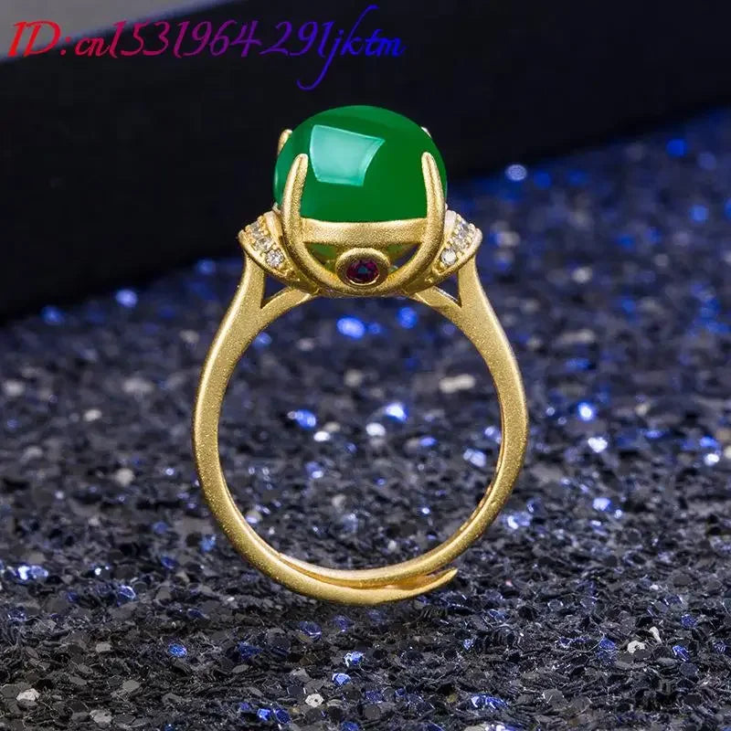 Green Natural Jade Rings Amulet Fashion Accessories Real Jewelry Gifts for Women Talismans 18K Gold Plated Charm