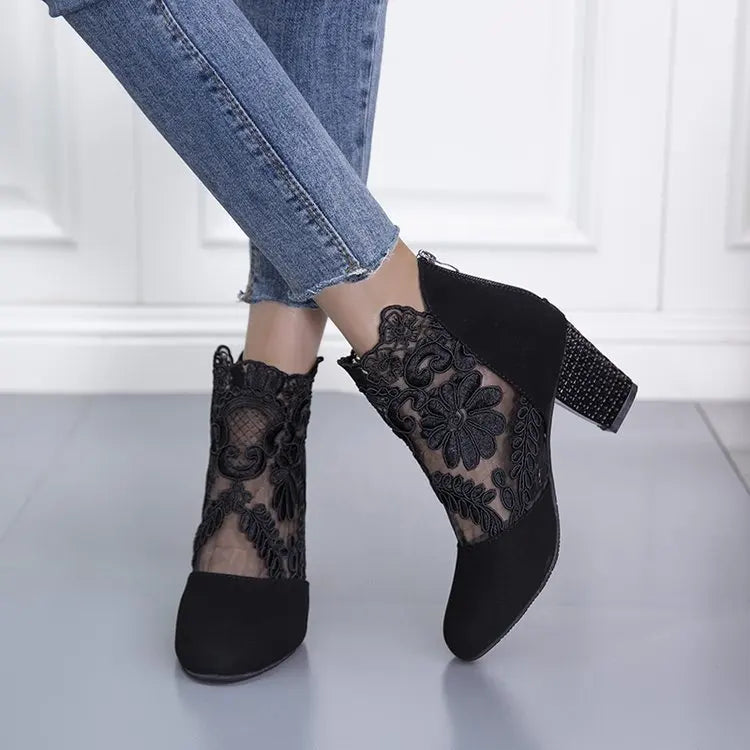 Women's Lace Heeled Shoes Fashion Ladies Roman Sandals Breathable Ladies Shoes Elegant Ladies Pumps New Mesh Sandalias De Tacón