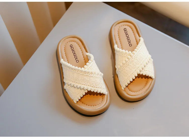 Girls Summer Slippers Princess Sweet Kids Slides Beach Shoes Bohemia Woven Children's Outdoor Slippers Anti-slippery 23-37 Soft