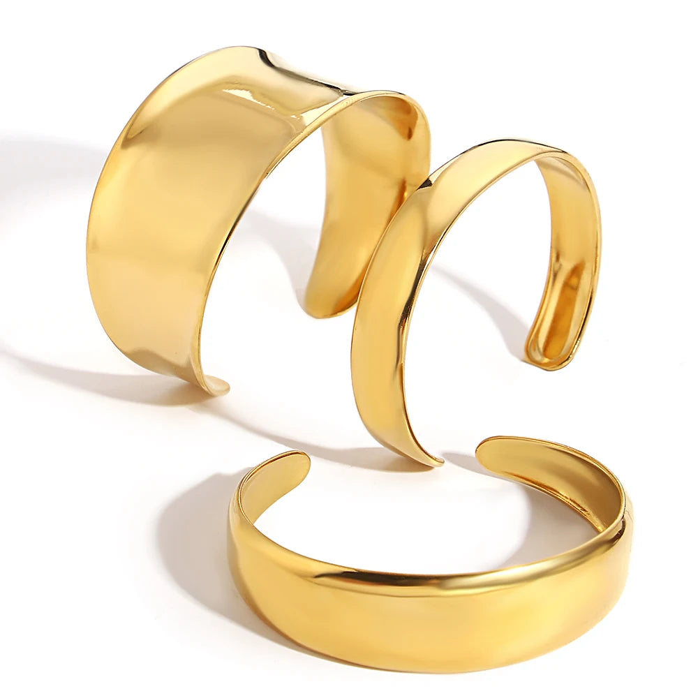 Gold Plated Tarnish Free Smooth Wide Cuff Bangles Bracelets for Woman Men Simple Irregular Minimalist Open Bangles Wrist Bangles