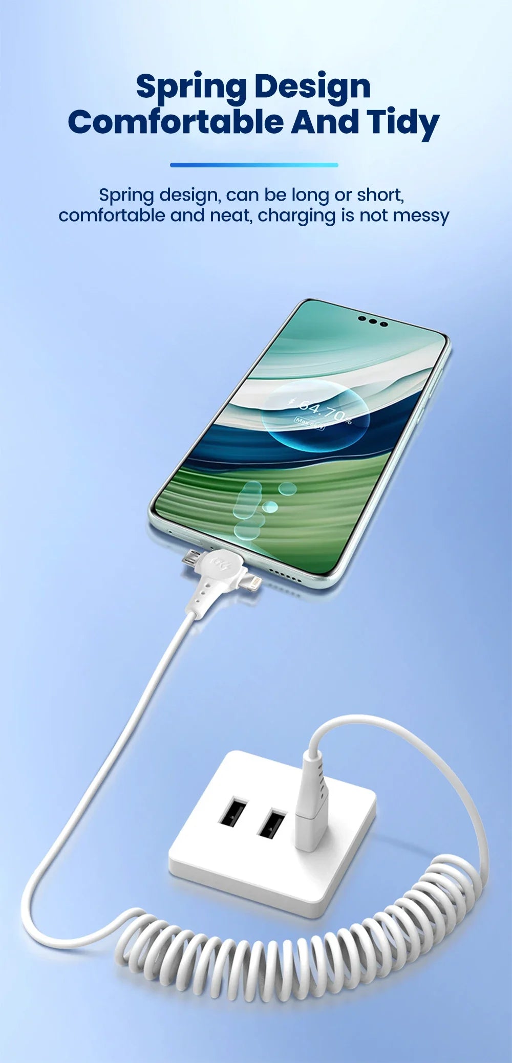 120W 3-in-1 USB C Cable Super Fast Charging Spring Retractable Data Cable For iPhone Huawei Xiaomi Phone Quick Charger Data Cord