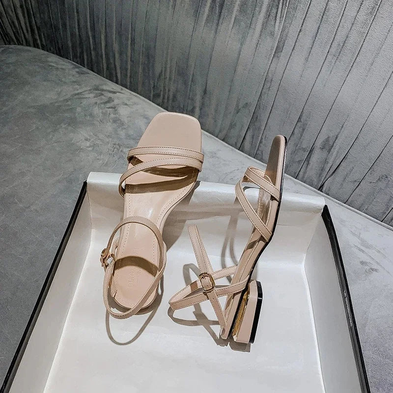 Sandals Ladies Square Heel Elegant Summer Slippers Gladiator Leather Ladies Slippers Fashion Ladies Sandals