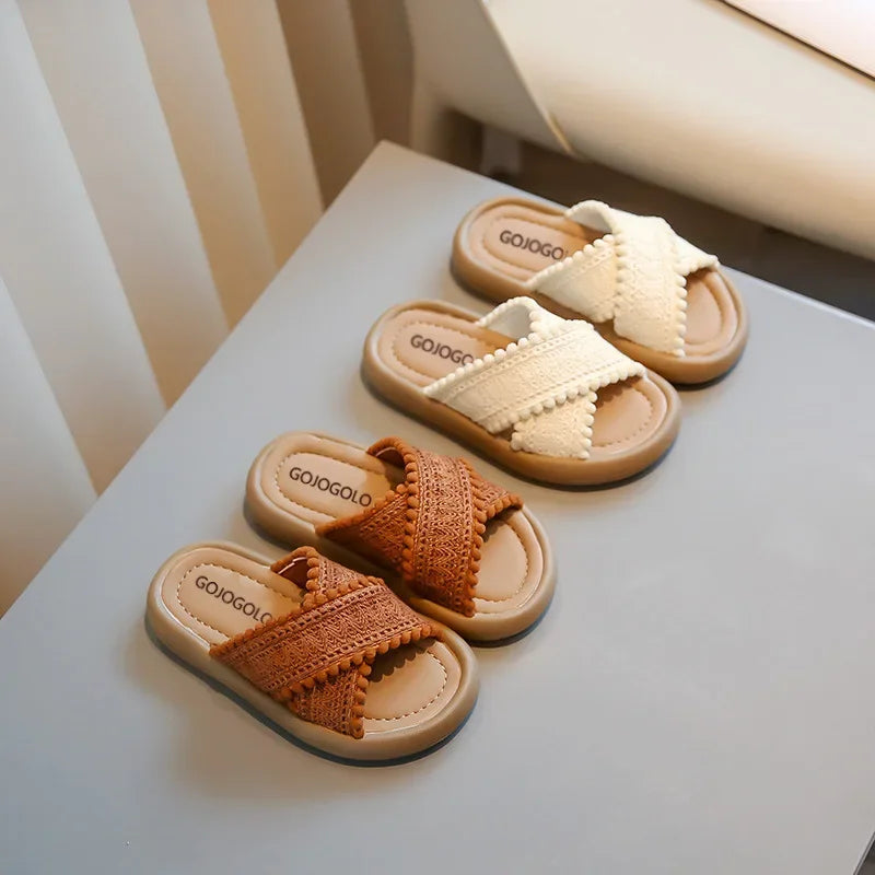 Girls Summer Slippers Princess Sweet Kids Slides Beach Shoes Bohemia Woven Children's Outdoor Slippers Anti-slippery 23-37 Soft