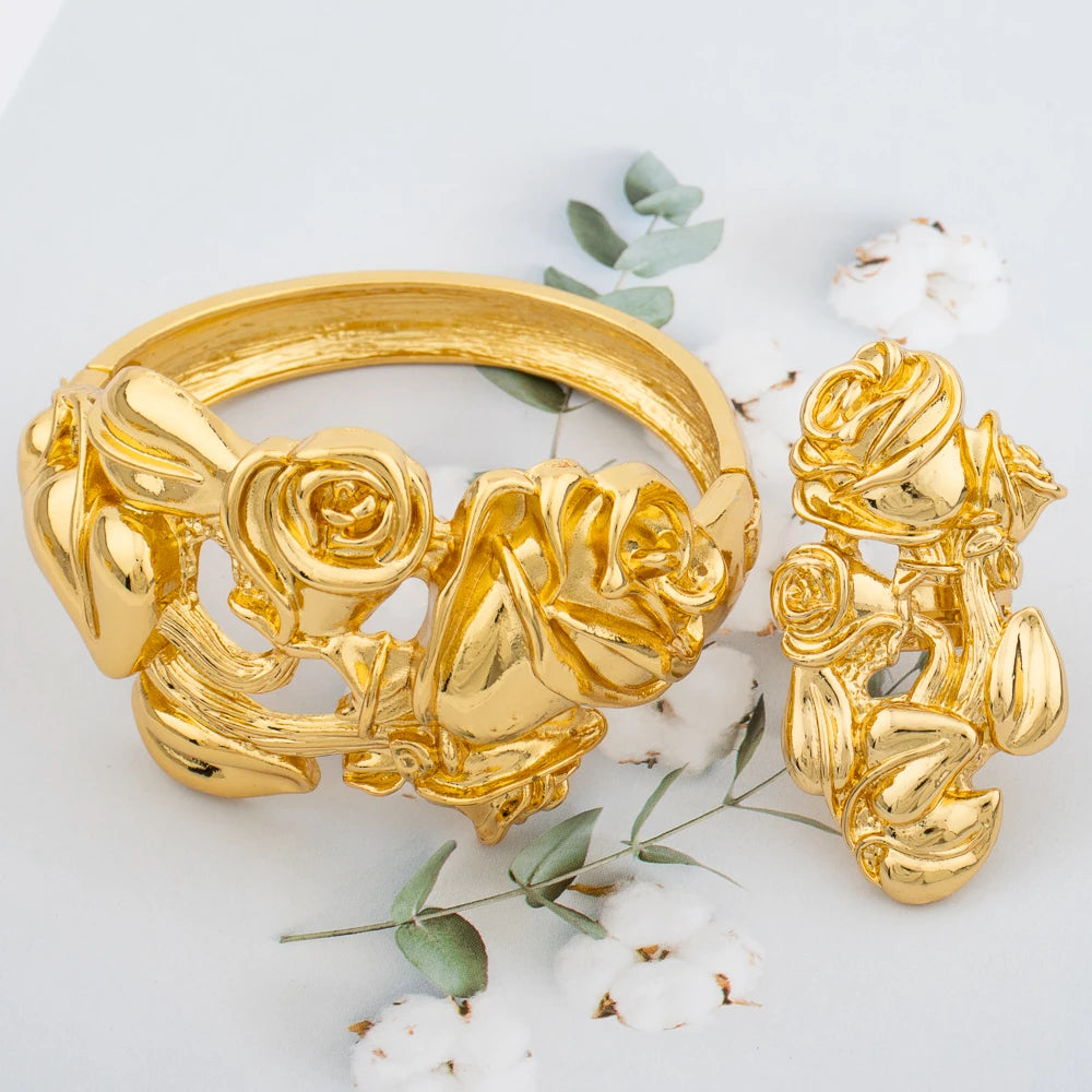 Large Hoop Bangle for Women Flower Italian Dubai Gold Color Bracelet Ring Jewelry Set Luxury Copper Fashion Birthday Party Gift