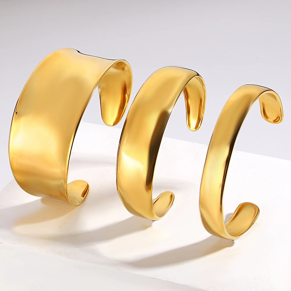 Gold Plated Tarnish Free Smooth Wide Cuff Bangles Bracelets for Woman Men Simple Irregular Minimalist Open Bangles Wrist Bangles