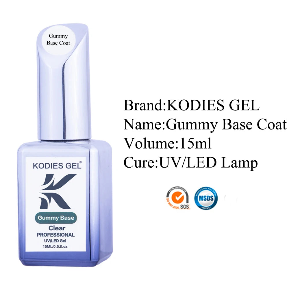 KODIES GEL 2024 Gummy Base Gel Nailpolish 15ML UV Semi Permanent Thicker Strong Hold Base Coat Primer Clear Nail Art Supplies