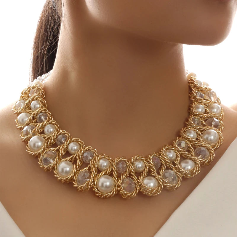 Fashio Simulated Pearl Jewelry Necklace Double Layer Choker Necklace Women Artificial Crystal Mixed Collar Handmade Jewelry Gift