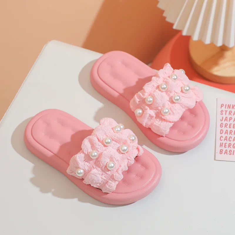 Slippers Princess Wind Pearl Puffs Girls Little Girl Slippers Soft Bottom Outside Penetrating Air Sandals