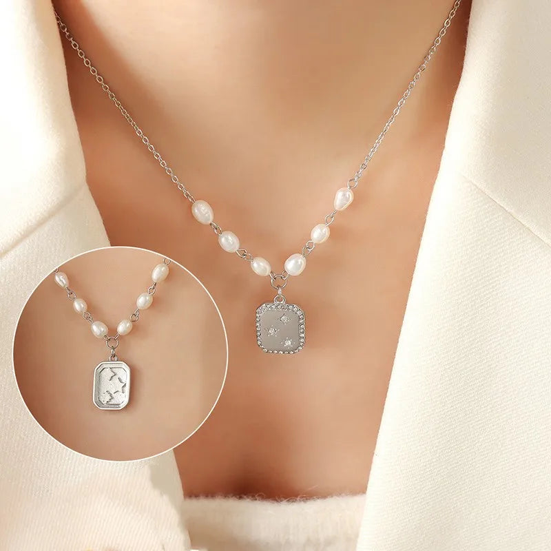 Fashion Trendy Square Zircon Inlaid Pendant Artificial Pearl Necklace European and American Style Female Temperament Jewelry