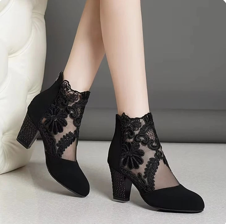 Women's Lace Heeled Shoes Fashion Ladies Roman Sandals Breathable Ladies Shoes Elegant Ladies Pumps New Mesh Sandalias De Tacón