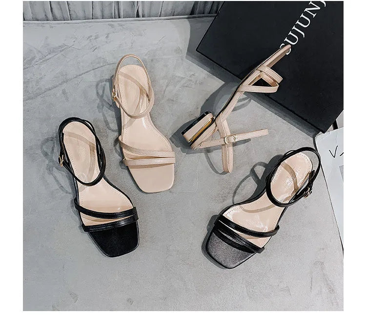 Sandals Ladies Square Heel Elegant Summer Slippers Gladiator Leather Ladies Slippers Fashion Ladies Sandals