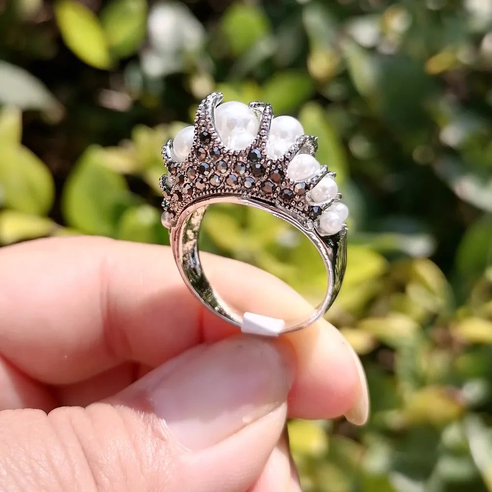Ajojewel Women's Vintage Simulated-Pearl Ring With Black Rhinestones Anel Original Retro Jewelry Beauty Gifts